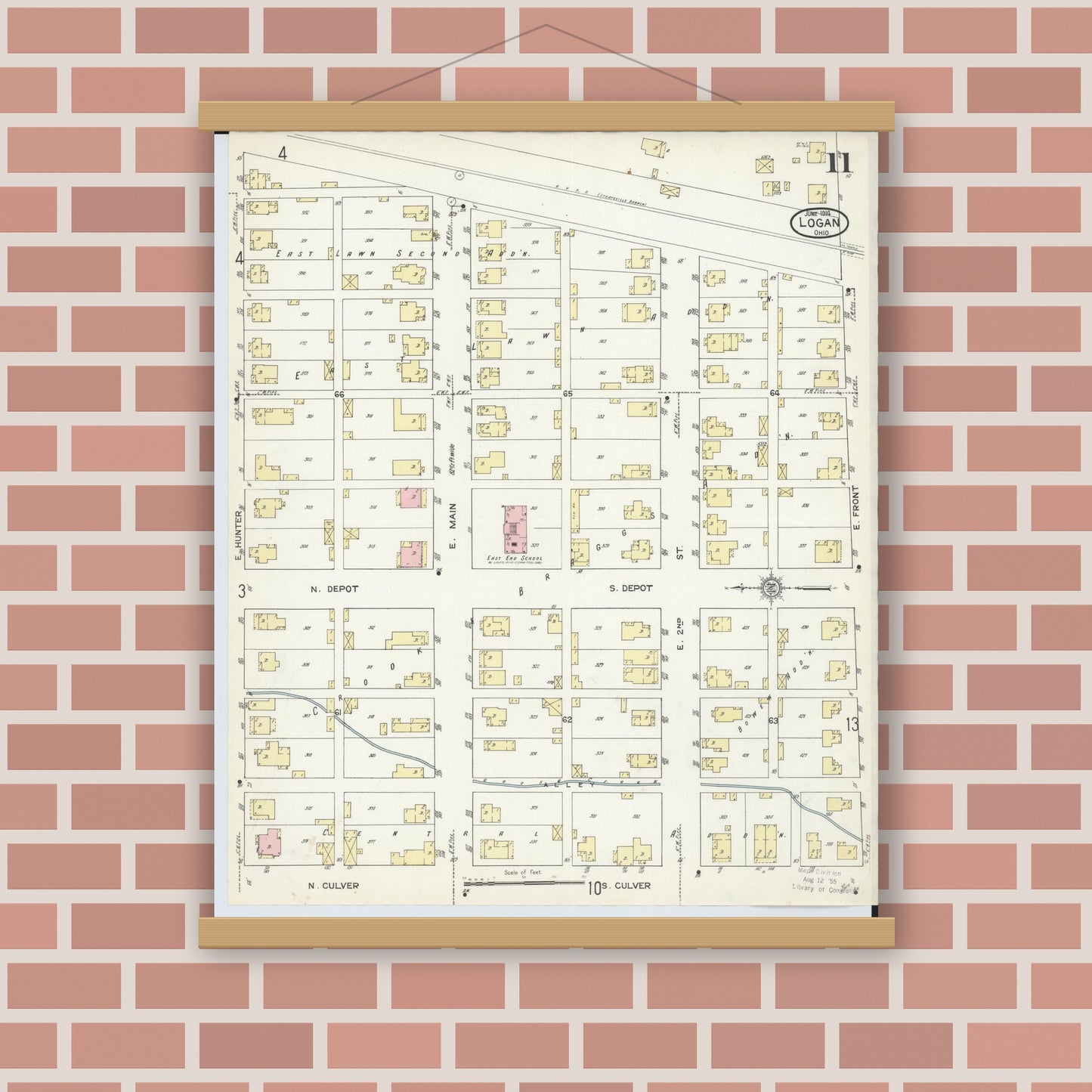 Old map wall art mockup — magnetic wood frame on brick wall — Sanborn Fire Insurance Map from Logan, Hocking County, Ohio (1914), Sheet #0011