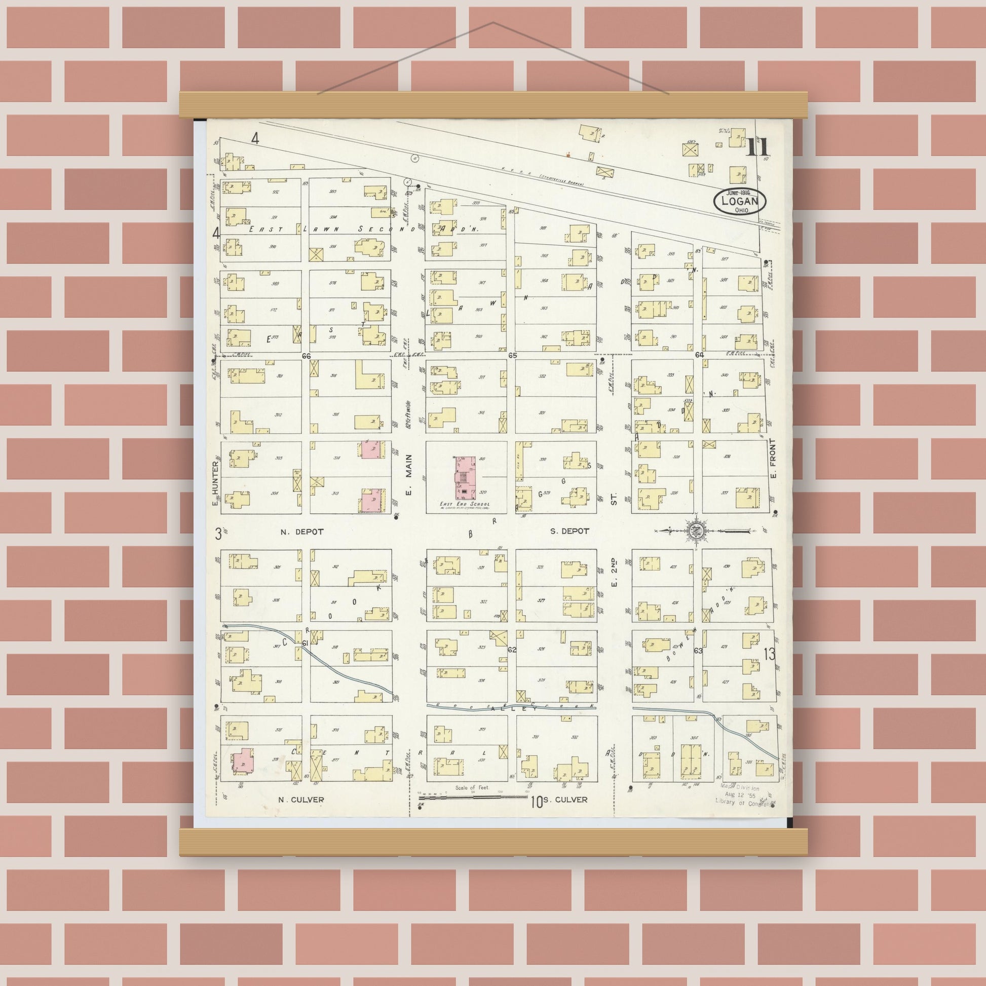 Old map wall art mockup — magnetic wood frame on brick wall — Sanborn Fire Insurance Map from Logan, Hocking County, Ohio (1914), Sheet #0011