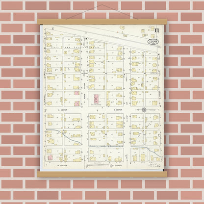 Old map wall art mockup — magnetic wood frame on brick wall — Sanborn Fire Insurance Map from Logan, Hocking County, Ohio (1914), Sheet #0011