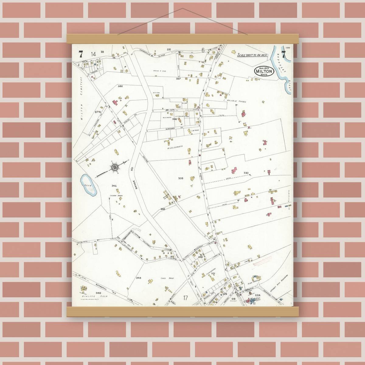 Old map wall art mockup — magnetic wood frame on brick wall — Sanborn Fire Insurance Map from Milton, Norfolk County, Massachusetts (1923), Sheet #0007