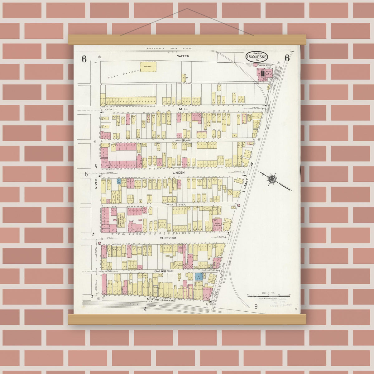 Old map wall art mockup — magnetic wood frame on brick wall — Sanborn Fire Insurance Map from Duquesne, Allegheny County, Pennsylvania (1925), Sheet #0006