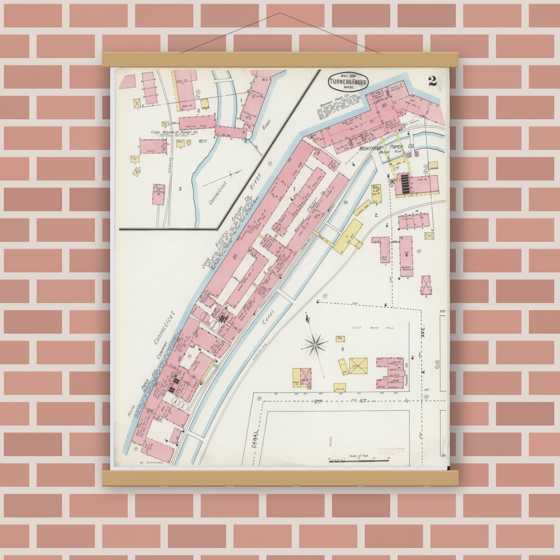 Old map wall art mockup — magnetic wood frame on brick wall — Sanborn Fire Insurance Map from Turners Falls, Franklin County, Massachusetts (1895), Sheet #0002