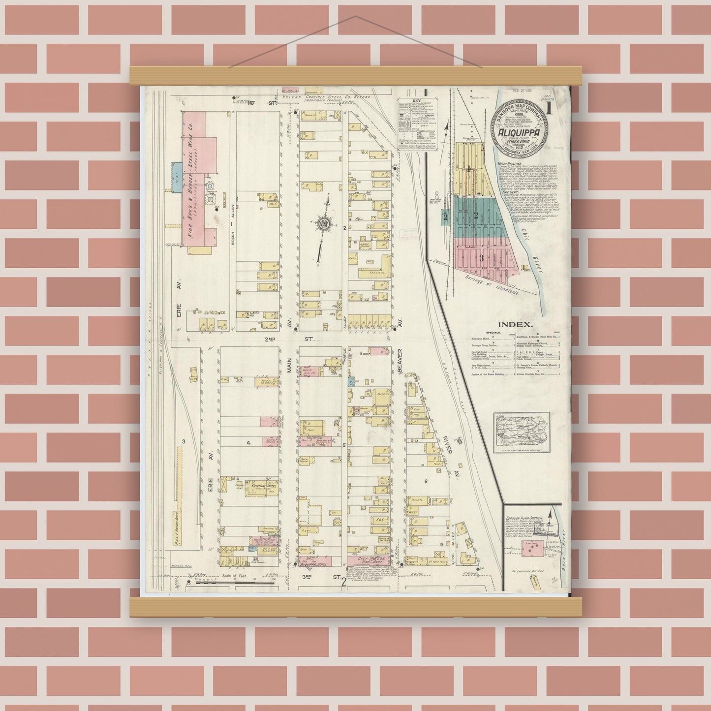Old map wall art mockup — magnetic wood frame on brick wall — Sanborn Fire Insurance Map from Aliquippa, Beaver County, Pennsylvania (1912), Sheet #0001