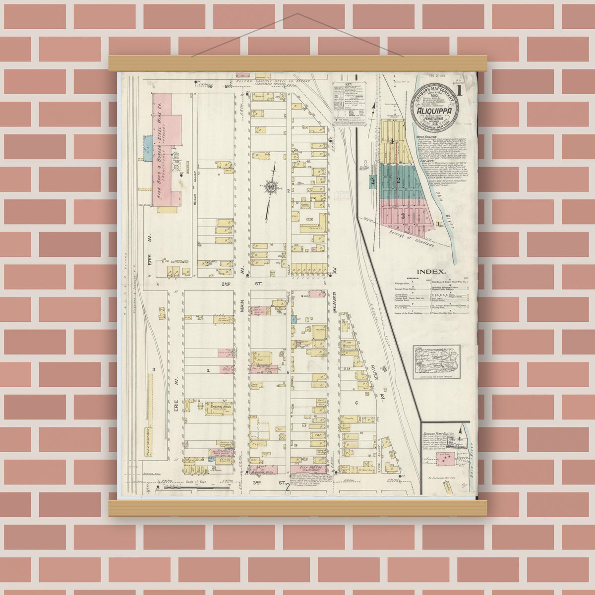 Old map wall art mockup — magnetic wood frame on brick wall — Sanborn Fire Insurance Map from Aliquippa, Beaver County, Pennsylvania (1912), Sheet #0001