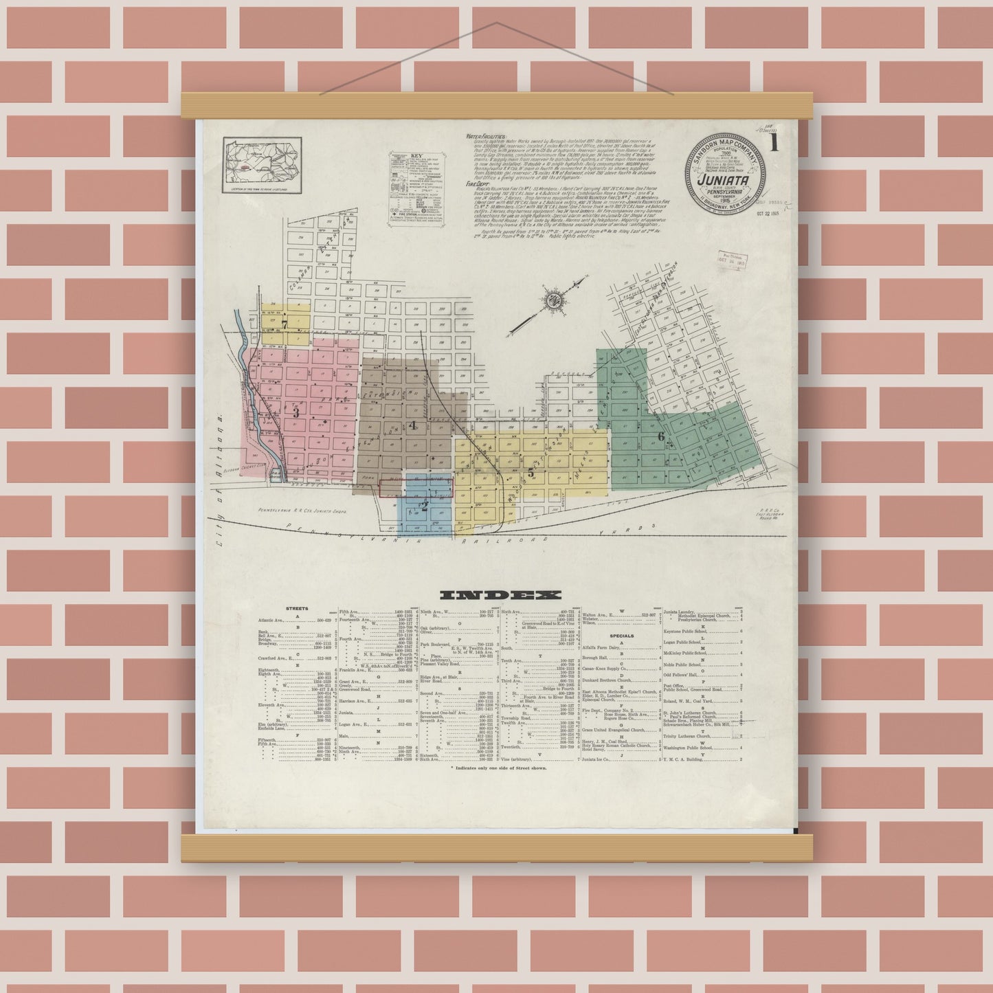 Old map wall art mockup — magnetic wood frame on brick wall — Sanborn Fire Insurance Map from Juniata, Blair County, Pennsylvania (1915) - Complete Map Set