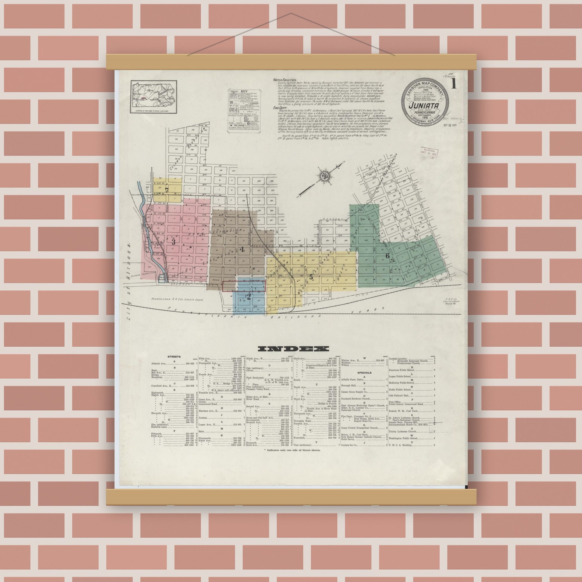 Old map wall art mockup — magnetic wood frame on brick wall — Sanborn Fire Insurance Map from Juniata, Blair County, Pennsylvania (1915) - Complete Map Set
