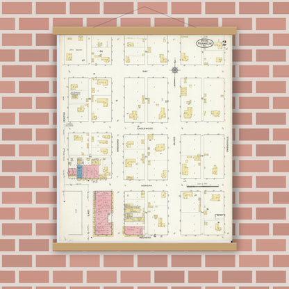 Old map wall art mockup — magnetic wood frame on brick wall — Sanborn Fire Insurance Map from Franklin, Robertson County, Texas (1916), Sheet #0002
