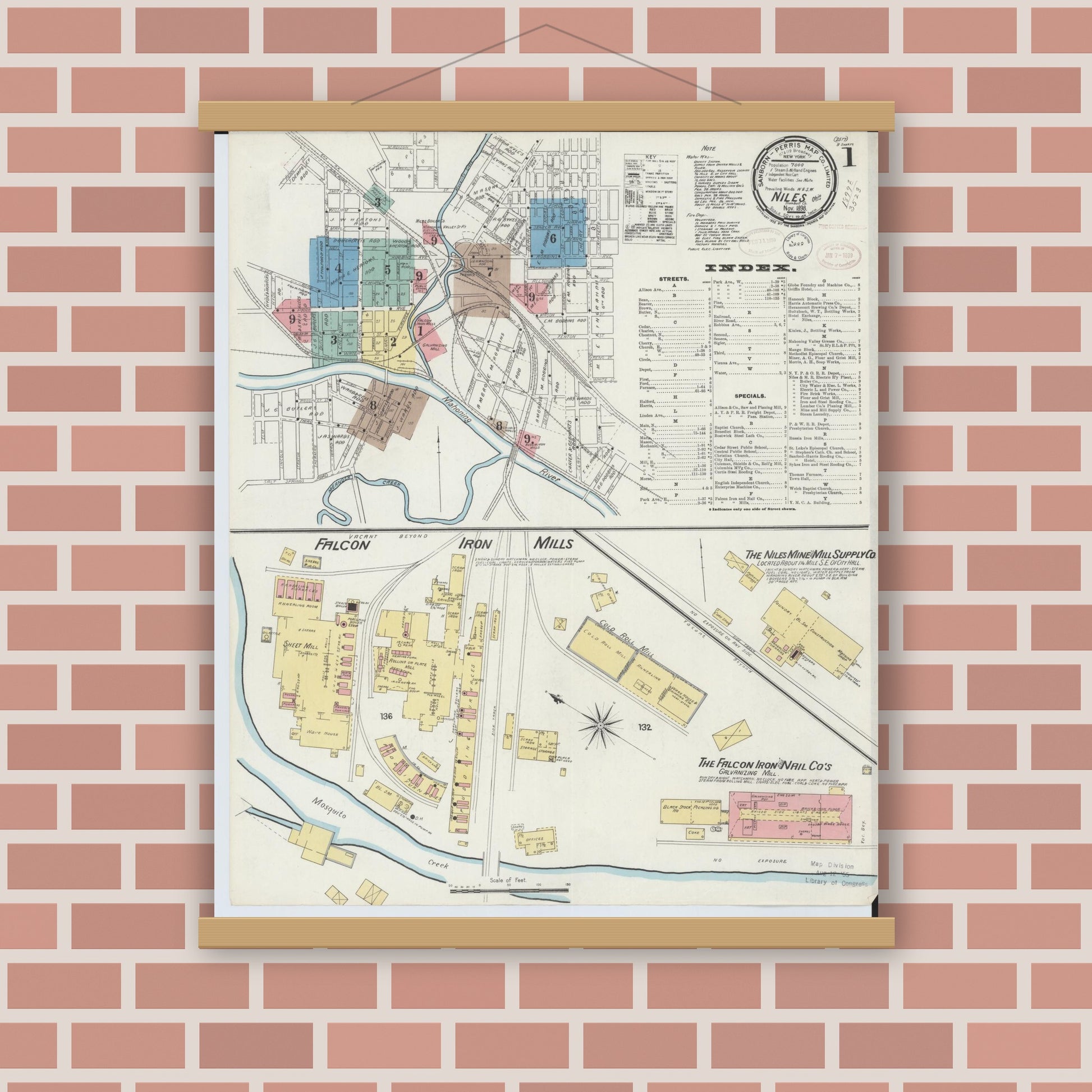 Old map wall art mockup — magnetic wood frame on brick wall — Sanborn Fire Insurance Map from Niles, Trumbull County, Ohio (1898), Sheet #0001