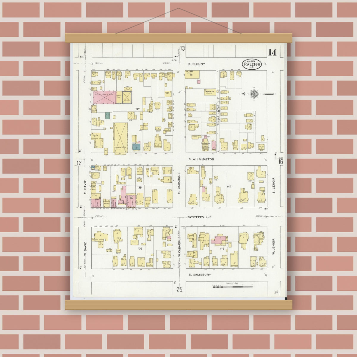 Old map wall art mockup — magnetic wood frame on brick wall — Sanborn Fire Insurance Map from Raleigh, Wake County, North Carolina (1909), Sheet #0014