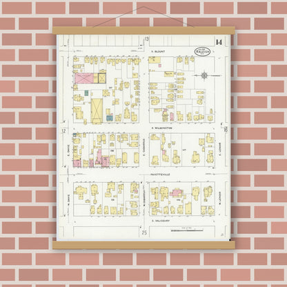 Old map wall art mockup — magnetic wood frame on brick wall — Sanborn Fire Insurance Map from Raleigh, Wake County, North Carolina (1909), Sheet #0014