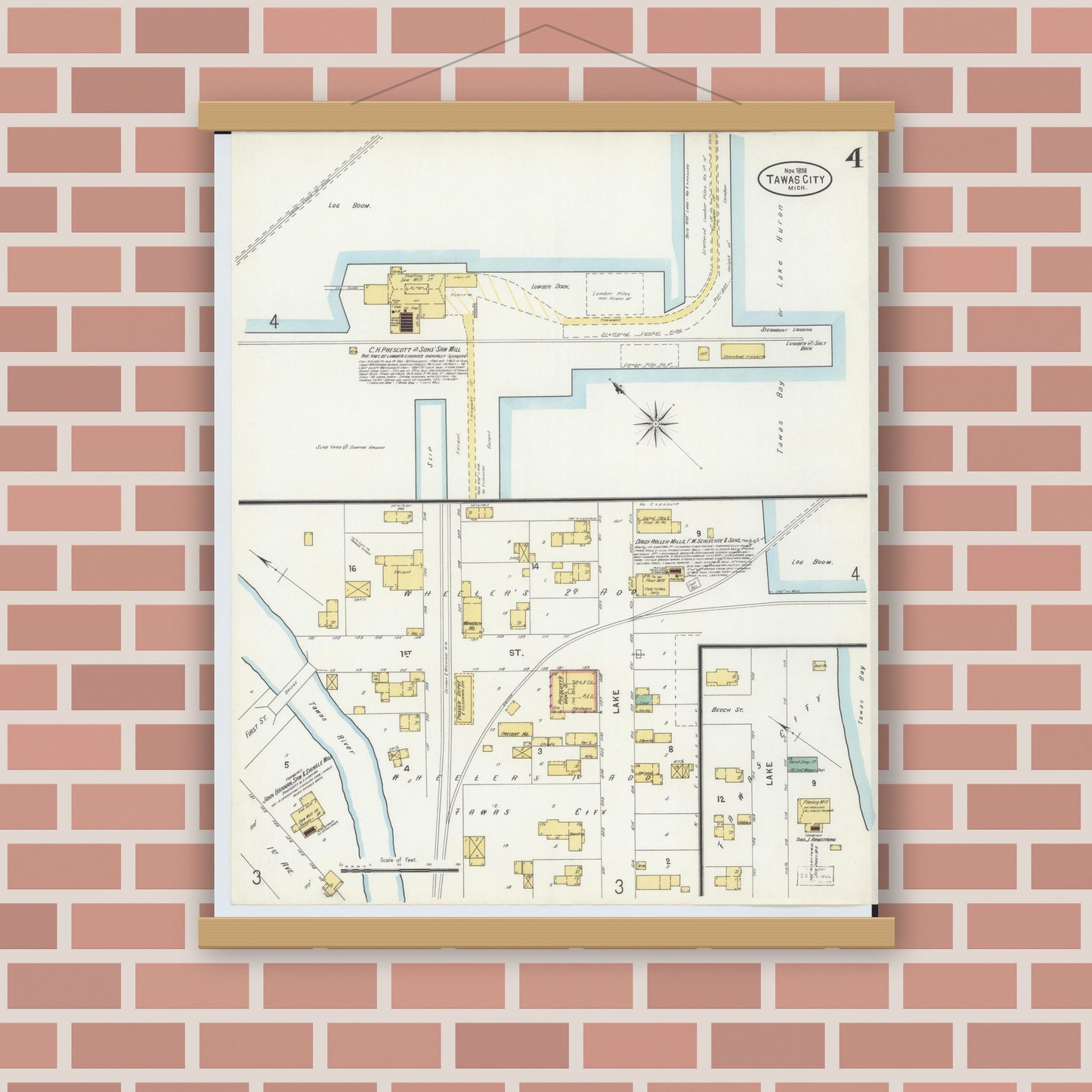 Old map wall art mockup — magnetic wood frame on brick wall — Sanborn Fire Insurance Map from East Tawas, Iosco County, Michigan (1898), Sheet #0004