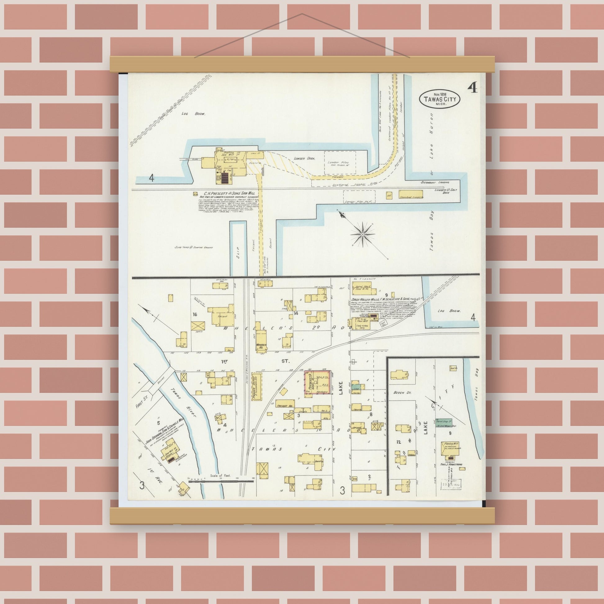 Old map wall art mockup — magnetic wood frame on brick wall — Sanborn Fire Insurance Map from East Tawas, Iosco County, Michigan (1898), Sheet #0004