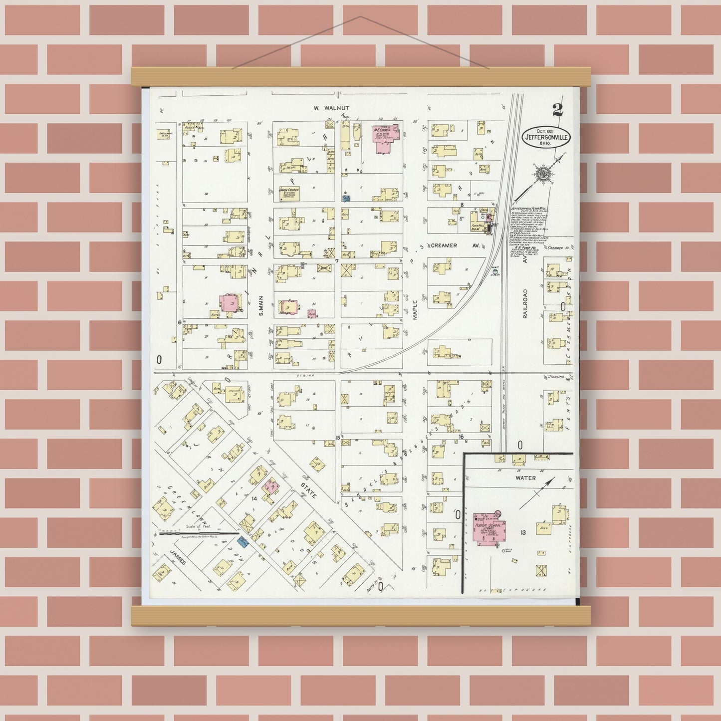 Old map wall art mockup — magnetic wood frame on brick wall — Sanborn Fire Insurance Map from Jeffersonville, Fayette County, Ohio (1921), Sheet #0002