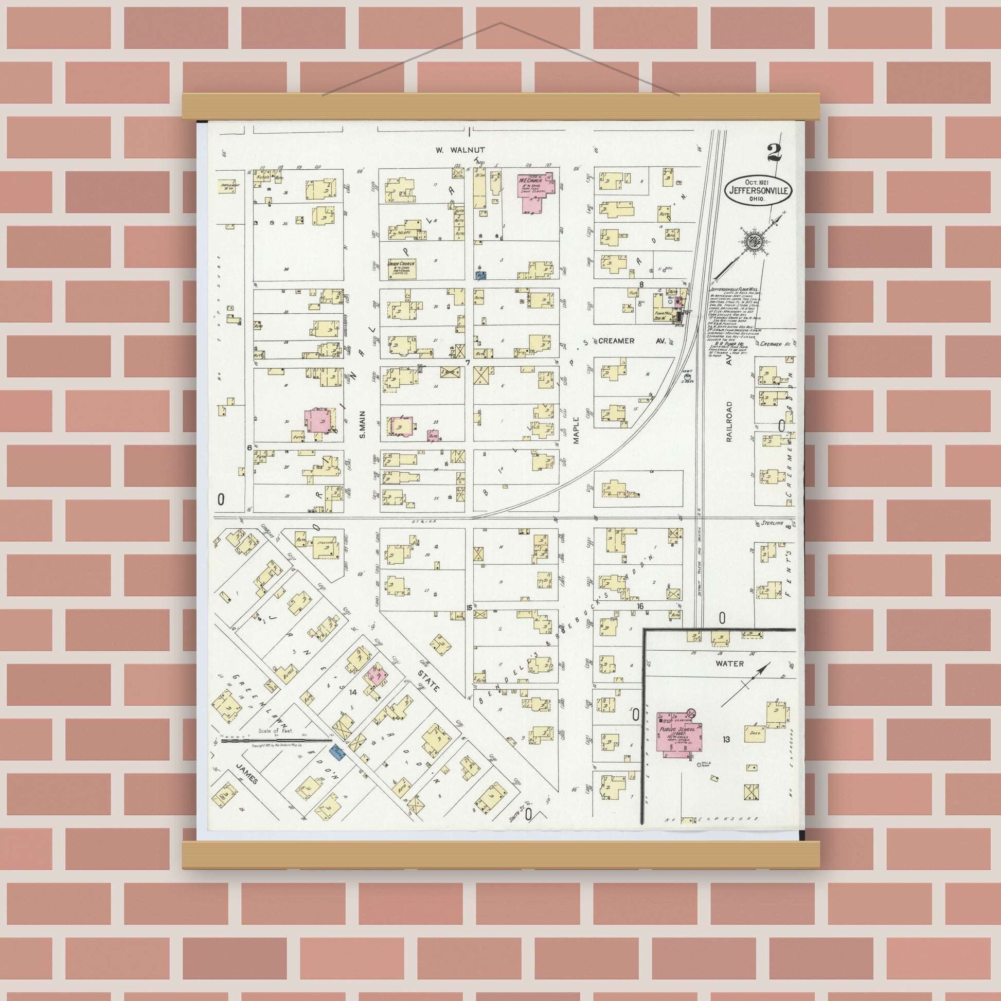Old map wall art mockup — magnetic wood frame on brick wall — Sanborn Fire Insurance Map from Jeffersonville, Fayette County, Ohio (1921), Sheet #0002