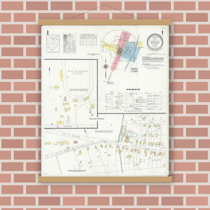 Old map wall art mockup — magnetic wood frame on brick wall — Sanborn Fire Insurance Map from Attica, Seneca County, Ohio (1938), Sheet #0001