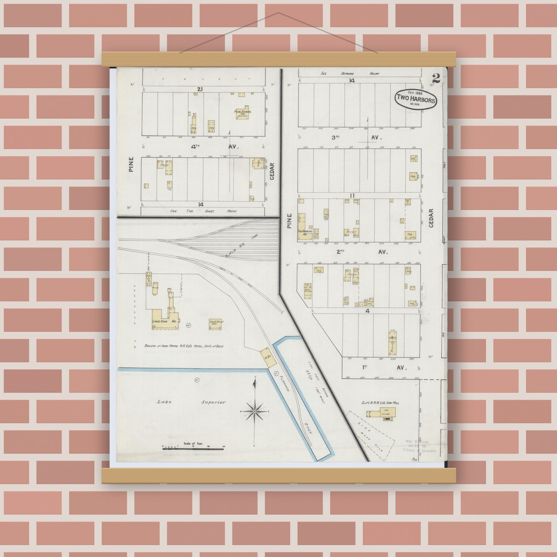 Old map wall art mockup — magnetic wood frame on brick wall — Sanborn Fire Insurance Map from Two Harbors, Lake County, Minnesota (1888), Sheet #0002