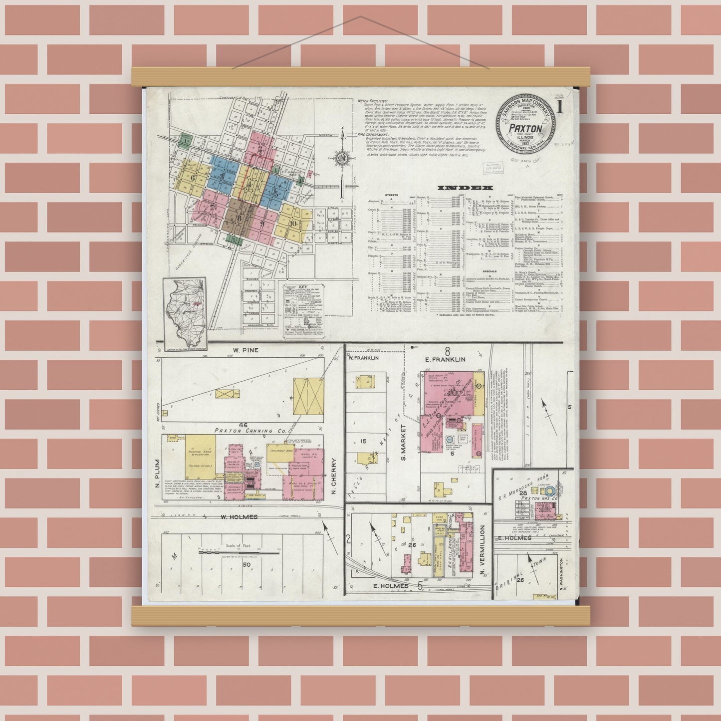 Old map wall art mockup — magnetic wood frame on brick wall — Sanborn Fire Insurance Map from Paxton, Ford County, Illinois (1921) - Complete Map Set