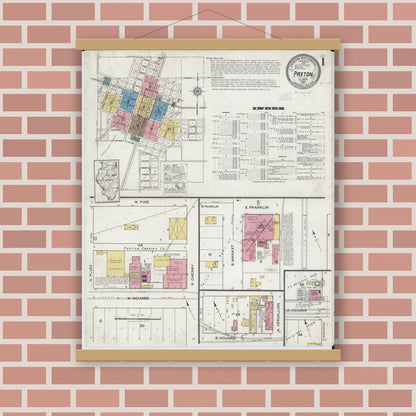 Old map wall art mockup — magnetic wood frame on brick wall — Sanborn Fire Insurance Map from Paxton, Ford County, Illinois (1921) - Complete Map Set