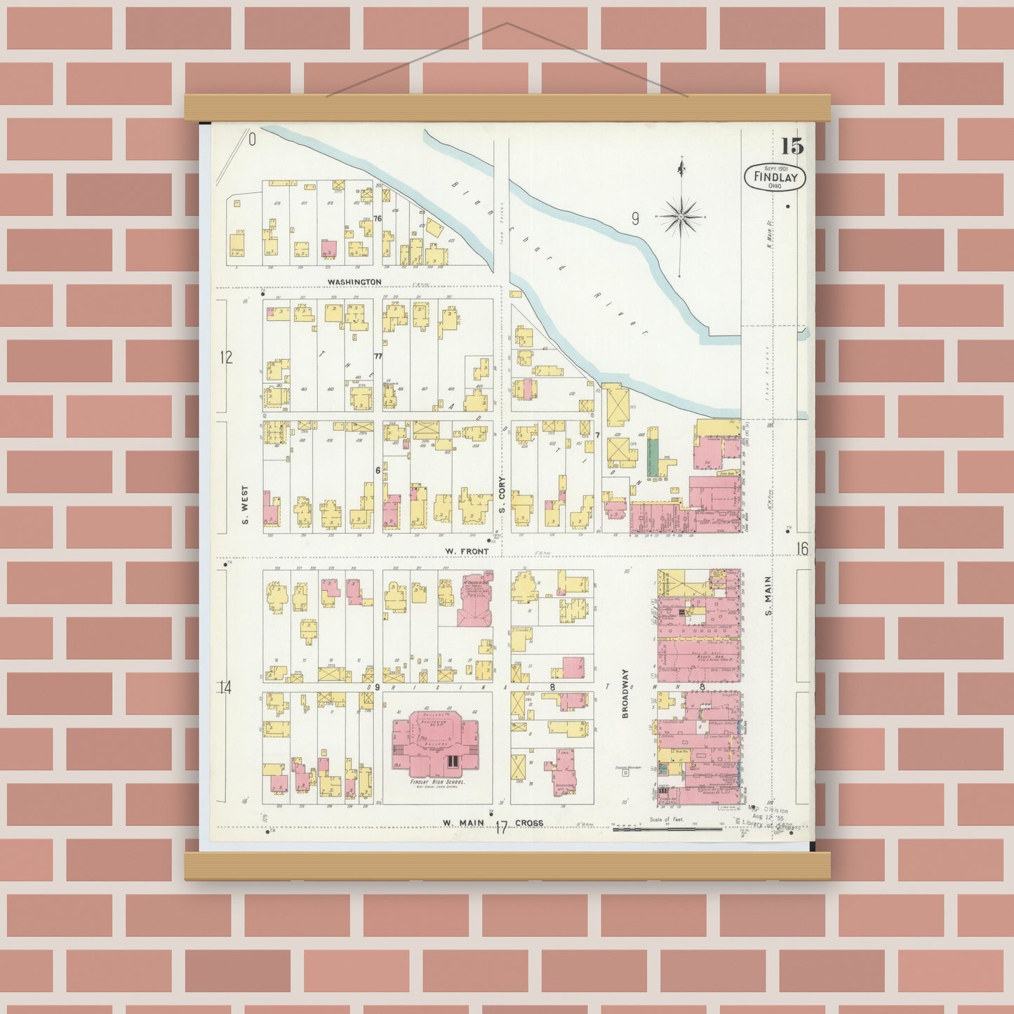 Old map wall art mockup — magnetic wood frame on brick wall — Sanborn Fire Insurance Map from Findlay, Hancock County, Ohio (1901), Sheet #0015