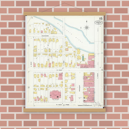 Old map wall art mockup — magnetic wood frame on brick wall — Sanborn Fire Insurance Map from Findlay, Hancock County, Ohio (1901), Sheet #0015