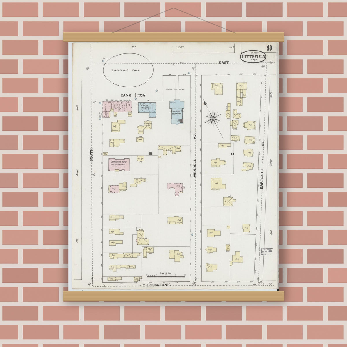 Old map wall art mockup — magnetic wood frame on brick wall — Sanborn Fire Insurance Map from Pittsfield, Berkshire County, Massachusetts (1889), Sheet #0009