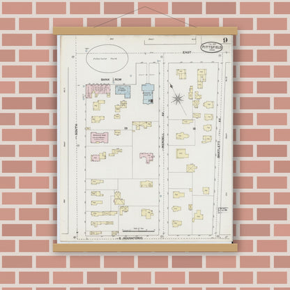 Old map wall art mockup — magnetic wood frame on brick wall — Sanborn Fire Insurance Map from Pittsfield, Berkshire County, Massachusetts (1889), Sheet #0009