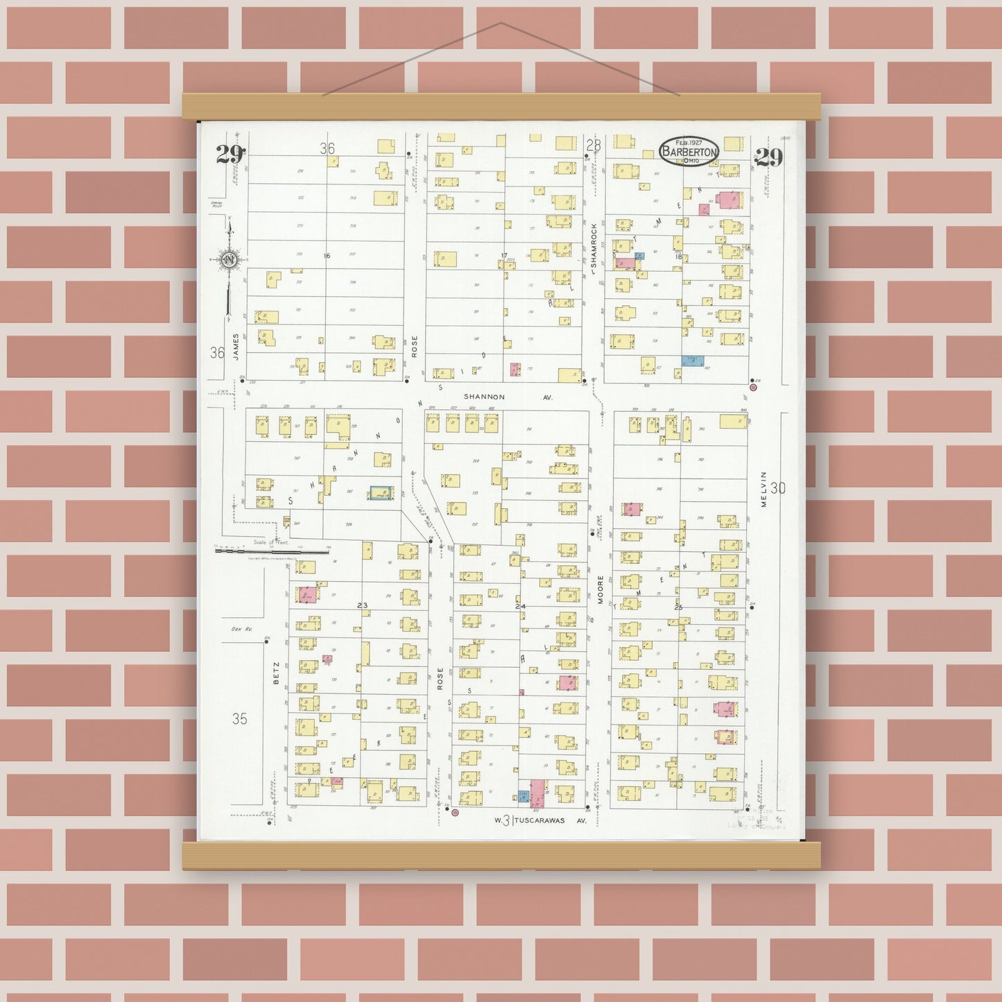 Old map wall art mockup — magnetic wood frame on brick wall — Sanborn Fire Insurance Map from Barberton, Summit County, Ohio (1927), Sheet #0029