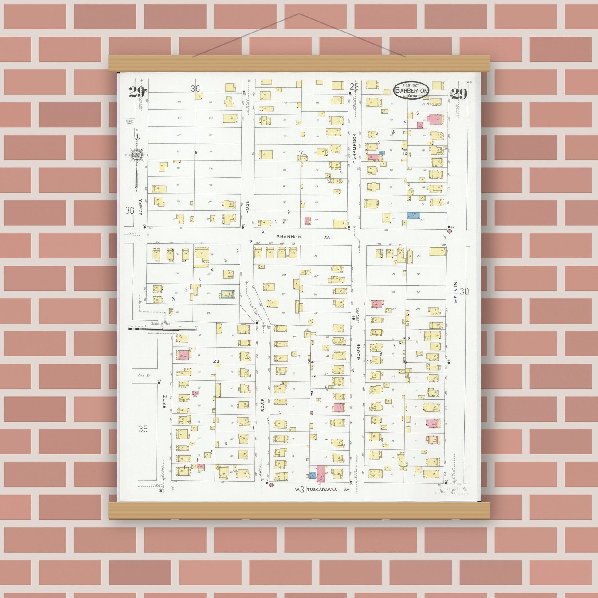 Old map wall art mockup — magnetic wood frame on brick wall — Sanborn Fire Insurance Map from Barberton, Summit County, Ohio (1927), Sheet #0029