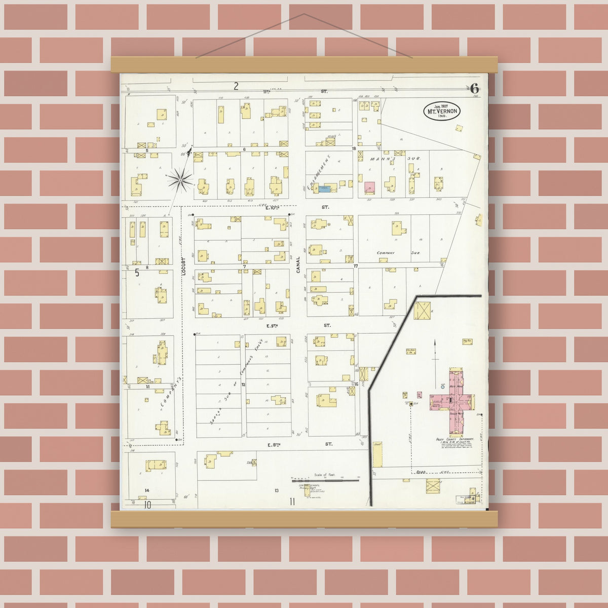 Old map wall art mockup — magnetic wood frame on brick wall — Sanborn Fire Insurance Map from Mount Vernon, Posey County, Indiana (1907), Sheet #0006
