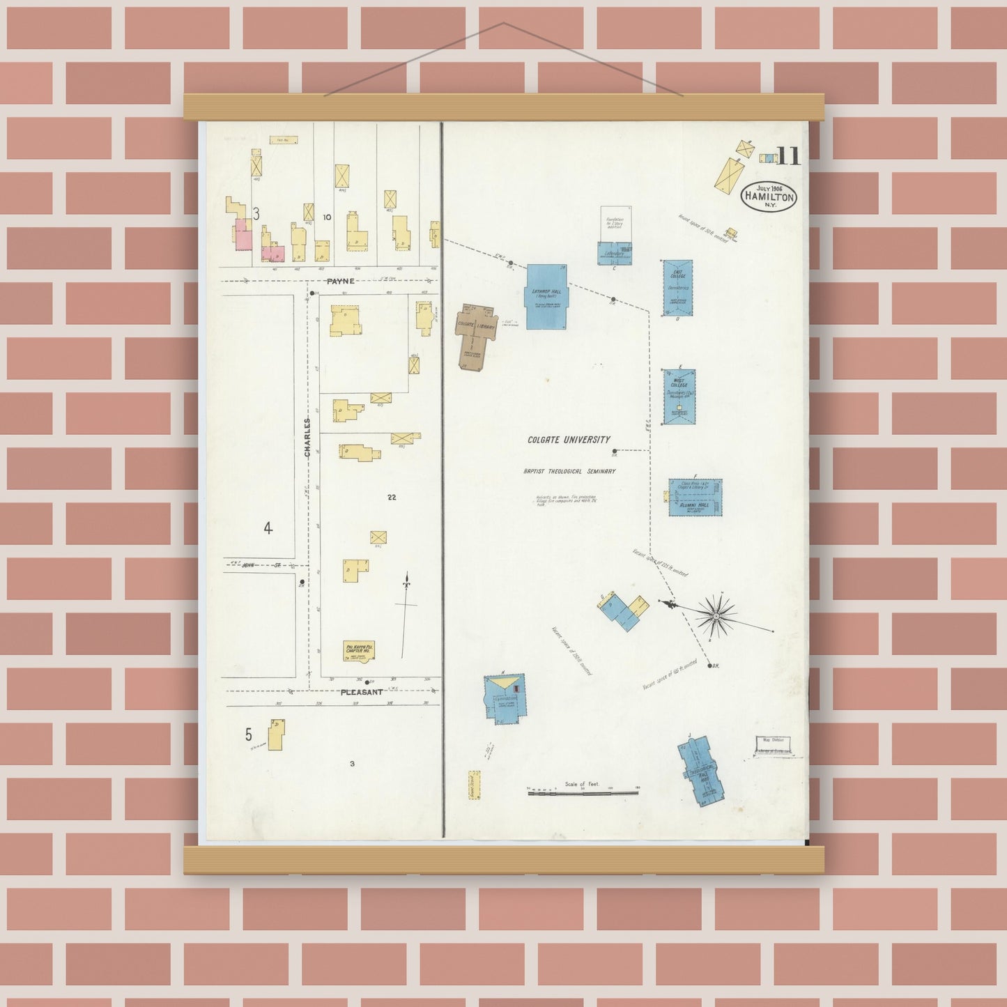 Old map wall art mockup — magnetic wood frame on brick wall — Sanborn Fire Insurance Map from Hamilton, Madison County, New York (1906), Sheet #0011