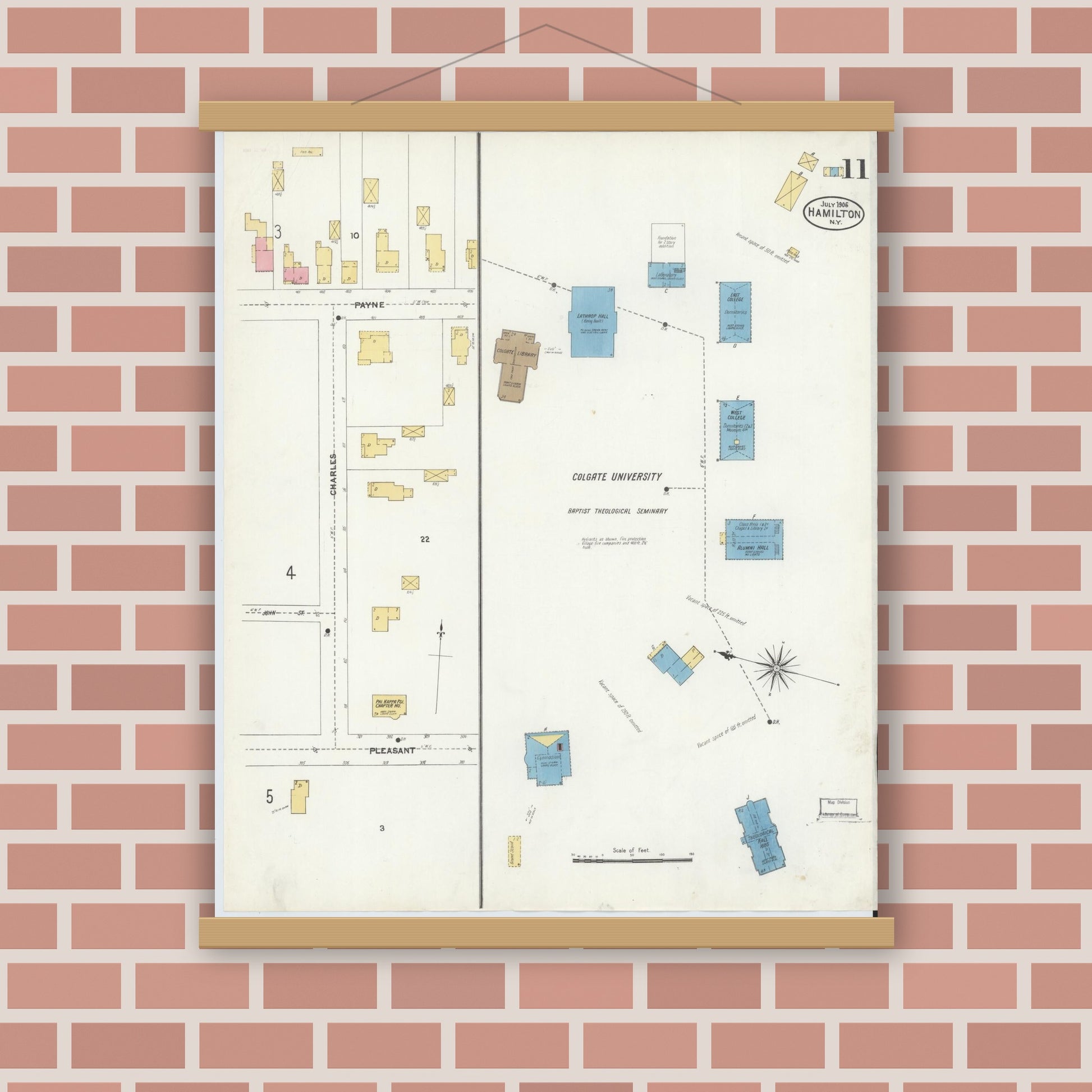 Old map wall art mockup — magnetic wood frame on brick wall — Sanborn Fire Insurance Map from Hamilton, Madison County, New York (1906), Sheet #0011