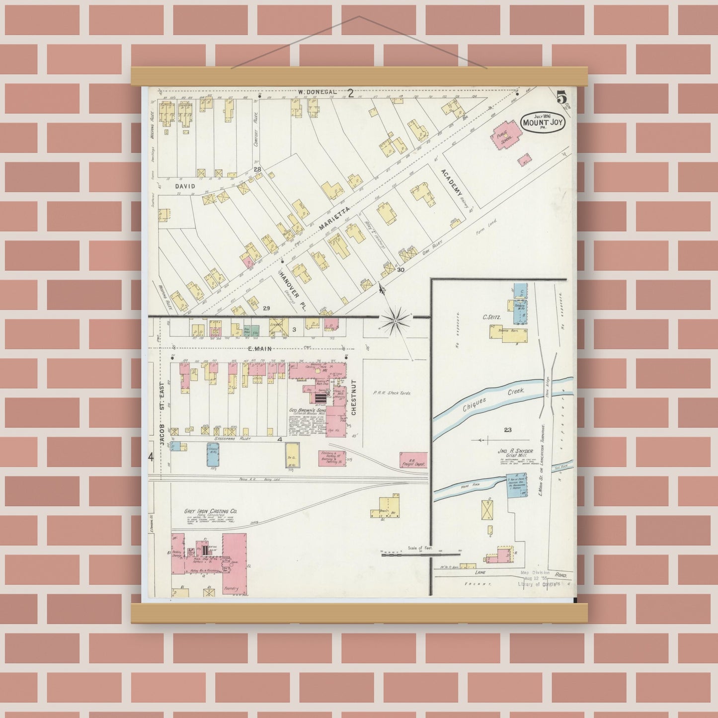 Old map wall art mockup — magnetic wood frame on brick wall — Sanborn Fire Insurance Map from Mount Joy, Lancaster County, Pennsylvania (1896), Sheet #0005