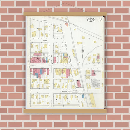 Old map wall art mockup — magnetic wood frame on brick wall — Sanborn Fire Insurance Map from Edmore, Montcalm County, Michigan (1918), Sheet #0003