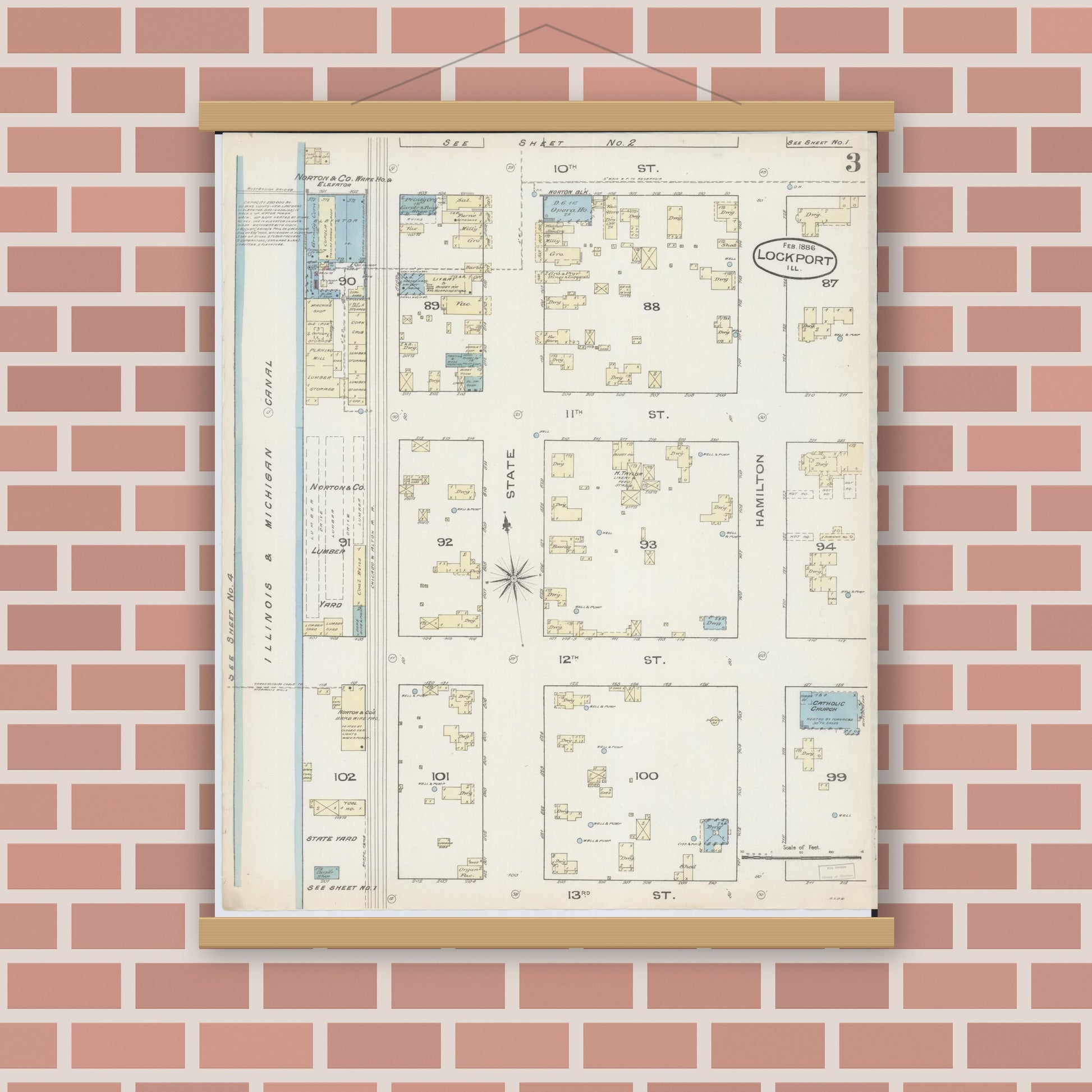 Old map wall art mockup — magnetic wood frame on brick wall — Sanborn Fire Insurance Map from Lockport, Will County, Illinois (1886), Sheet #0003