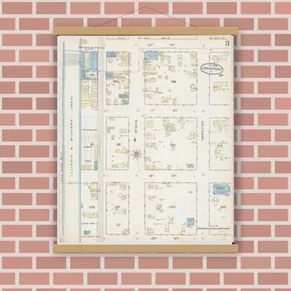 Old map wall art mockup — magnetic wood frame on brick wall — Sanborn Fire Insurance Map from Lockport, Will County, Illinois (1886), Sheet #0003