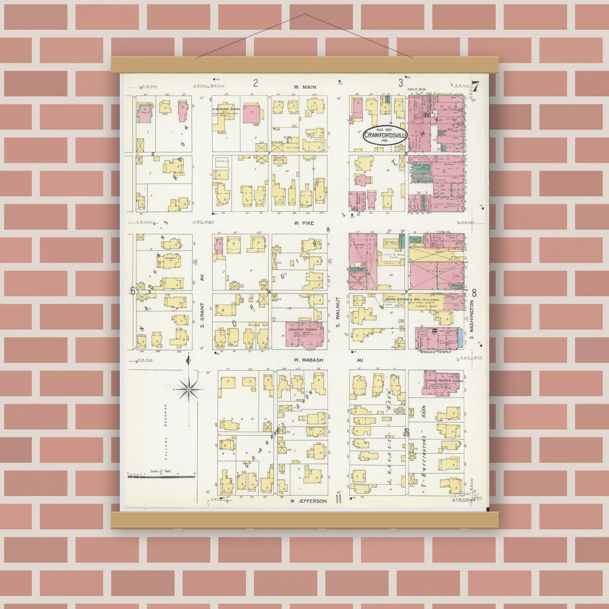 Old map wall art mockup — magnetic wood frame on brick wall — Sanborn Fire Insurance Map from Crawfordsville, Montgomery County, Indiana (1907), Sheet #0007
