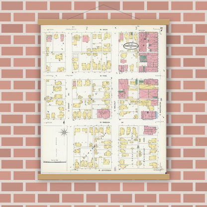 Old map wall art mockup — magnetic wood frame on brick wall — Sanborn Fire Insurance Map from Crawfordsville, Montgomery County, Indiana (1907), Sheet #0007