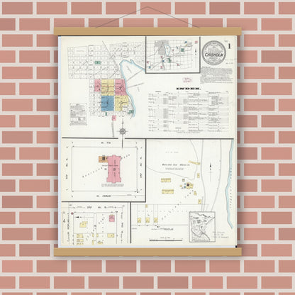 Old map wall art mockup — magnetic wood frame on brick wall — Sanborn Fire Insurance Map from Chisholm, Saint Louis County, Minnesota (1912), Sheet #0001