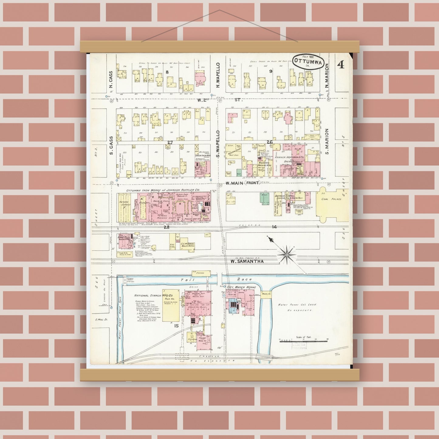 Old map wall art mockup — magnetic wood frame on brick wall — Sanborn Fire Insurance Map from Ottumwa, Wapello County, Iowa (1891), Sheet #0004