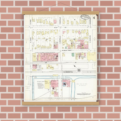 Old map wall art mockup — magnetic wood frame on brick wall — Sanborn Fire Insurance Map from Ottumwa, Wapello County, Iowa (1891), Sheet #0004