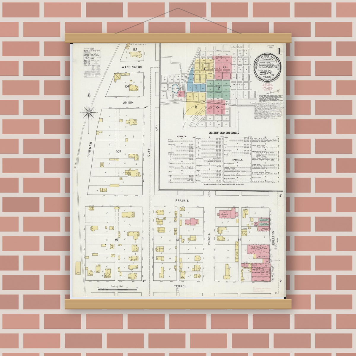 Old map wall art mockup — magnetic wood frame on brick wall — Sanborn Fire Insurance Map from Macon, Macon County, Missouri (1895) - Complete Map Set
