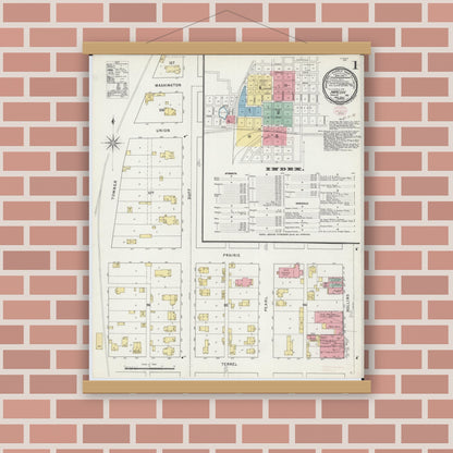 Old map wall art mockup — magnetic wood frame on brick wall — Sanborn Fire Insurance Map from Macon, Macon County, Missouri (1895) - Complete Map Set