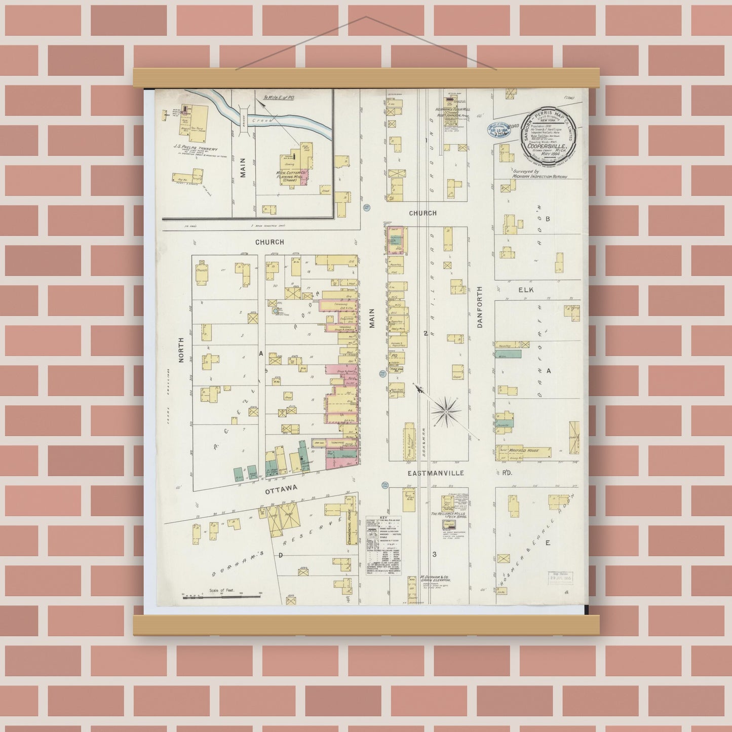 Old map wall art mockup — magnetic wood frame on brick wall — Sanborn Fire Insurance Map from Coopersville, Ottawa County, Michigan (1894), Sheet #0001