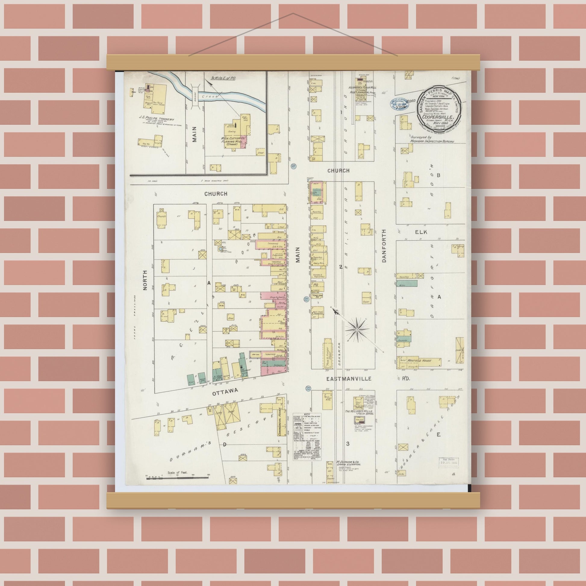Old map wall art mockup — magnetic wood frame on brick wall — Sanborn Fire Insurance Map from Coopersville, Ottawa County, Michigan (1894), Sheet #0001