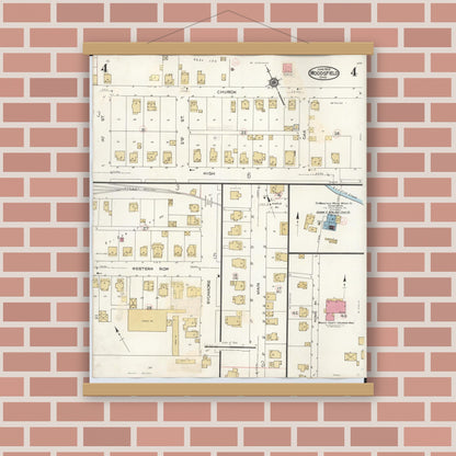 Old map wall art mockup — magnetic wood frame on brick wall — Sanborn Fire Insurance Map from Woodsfield, Monroe County, Ohio (1949), Sheet #0004