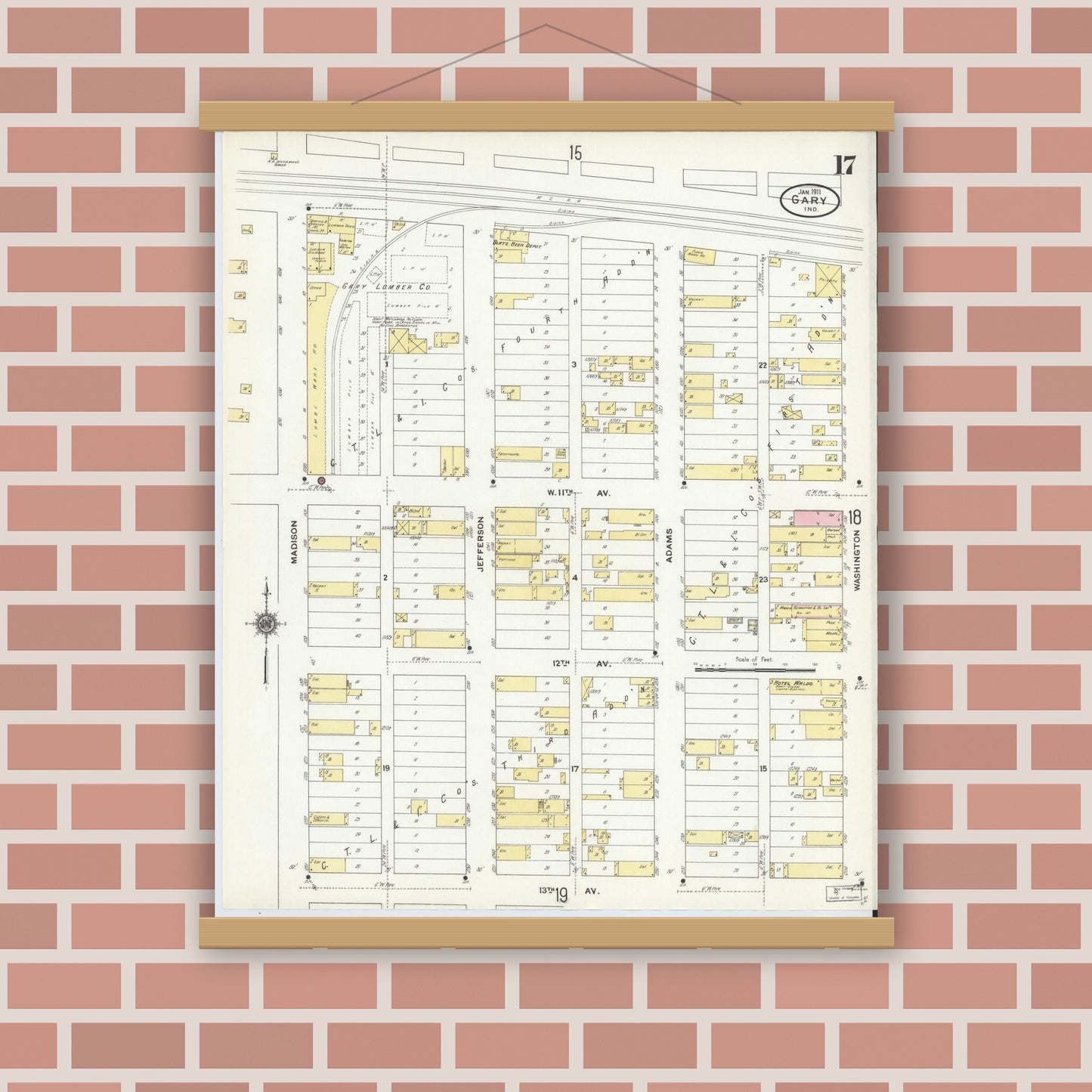 Old map wall art mockup — magnetic wood frame on brick wall — Sanborn Fire Insurance Map from Gary, Lake County, Indiana (1911), Sheet #0017