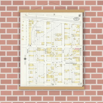 Old map wall art mockup — magnetic wood frame on brick wall — Sanborn Fire Insurance Map from Gary, Lake County, Indiana (1911), Sheet #0017