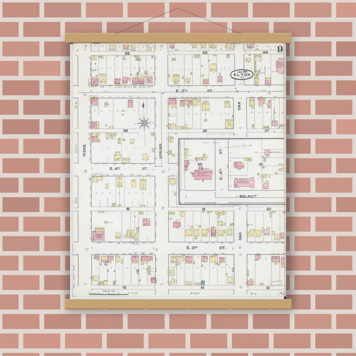 Old map wall art mockup — magnetic wood frame on brick wall — Sanborn Fire Insurance Map from Alton, Madison County, Illinois (1892), Sheet #0009