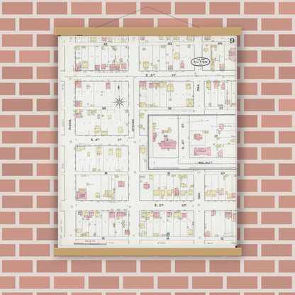 Old map wall art mockup — magnetic wood frame on brick wall — Sanborn Fire Insurance Map from Alton, Madison County, Illinois (1892), Sheet #0009