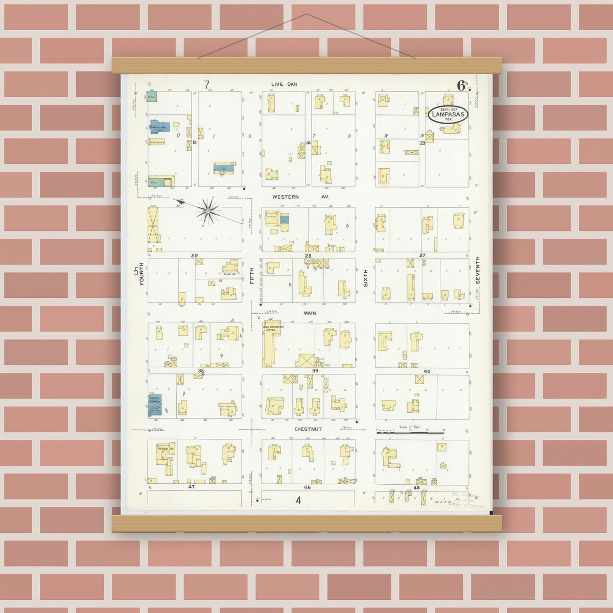 Old map wall art mockup — magnetic wood frame on brick wall — Sanborn Fire Insurance Map from Lampasas, Lampasas County, Texas (1907), Sheet #0006